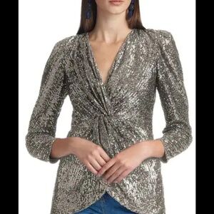Sachin & Babi Peyton Sequin Twist front Cocktail Puff Sleeves Top Silver Blouse